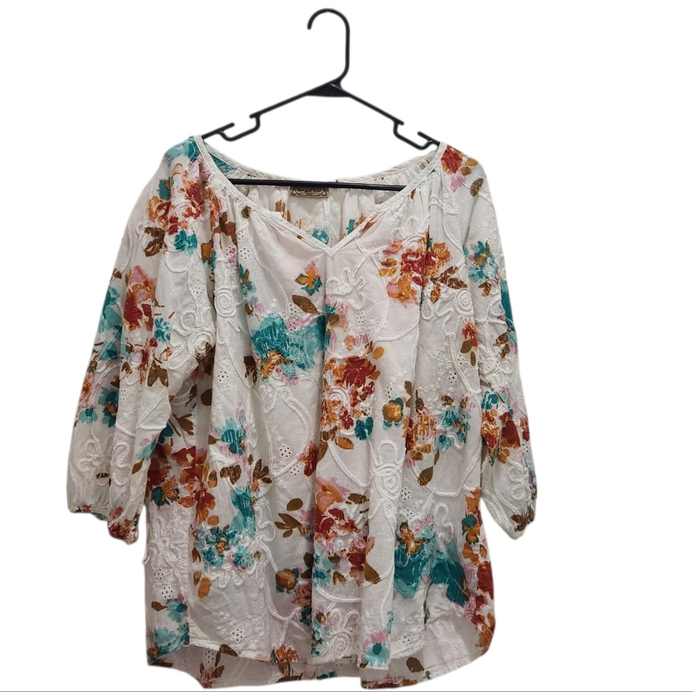 Art And Soul Boho Chic Blouse White with Brown and Teal Floral Size 2X  **READ